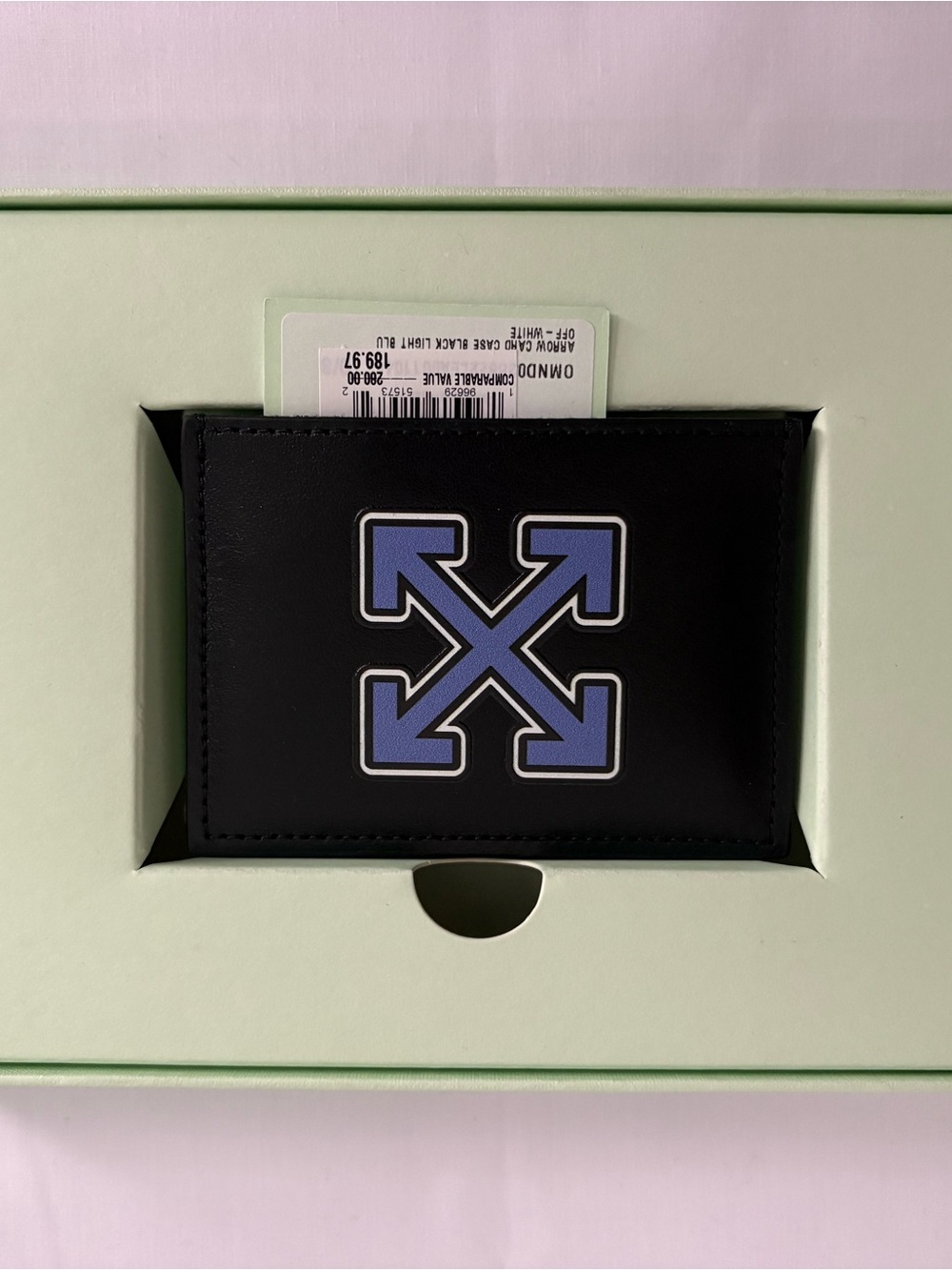 Off-White Black Leather Card Sleeve with Blue Arrow Motif